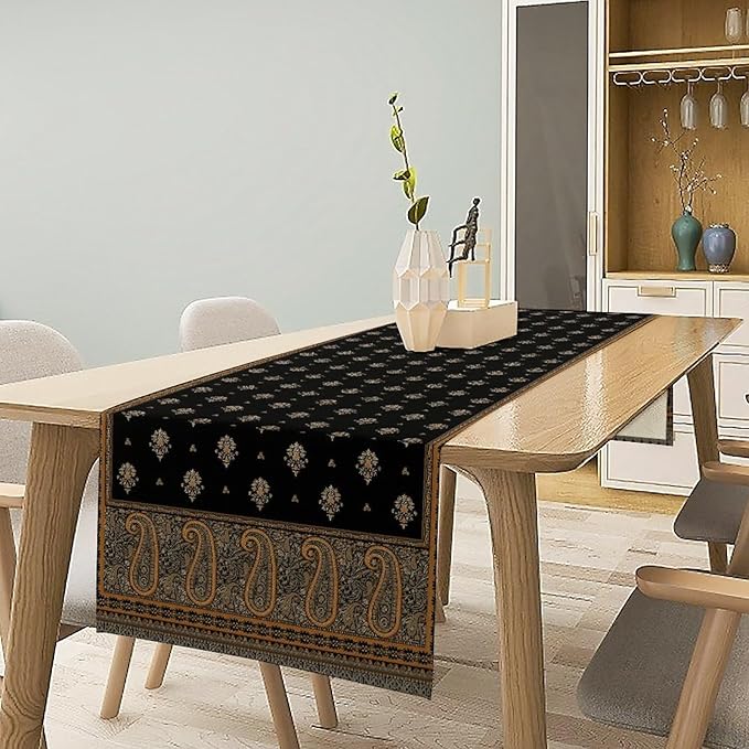 Vintage Paisley Table Runner, Boho Brown Black Flowers Leaves Print Table Runner for Home Dining Kitchen Table Party Wedding Decor, 13x60inch