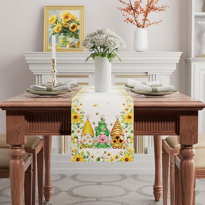 XCHI Yellow White Daisies Flowers Gnomes Spring Table Runner Burlap Table Decoration for Summer Seasonal Home Kitchen Dining Dinner Indoor Holiday Farmhouse Decor 13x120 Inch