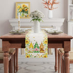 XCHI Yellow White Daisies Flowers Gnomes Spring Table Runner Burlap Table Decoration for Summer Seasonal Home Kitchen Dining Dinner Indoor Holiday Farmhouse Decor 13x120 Inch