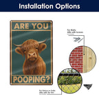 Funny Highland Cow Bathroom Sign - "Are You Pooping?" Vintage Western Tin Wall Decor for Restroom, Toilet or Farmhouse - 8" x 12" Metal Sign