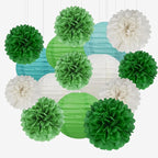 White Green Party Decoration - 15Pcs Tissue Pom Poms Paper Flowers Paper Lanterns Dinosaur Theme Birthday Baby Shower Forest Party Hanging Decor HongTongTong