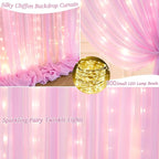 10x10ft Pink Chiffon Backdrop Curtain with Lights for Wedding Parties Baby Shower, Pink Sheer Backdrop Curtains for Girls Birthday Party Bridal Shower Photo Shoot Decor (5×10ft, 2 Panels)