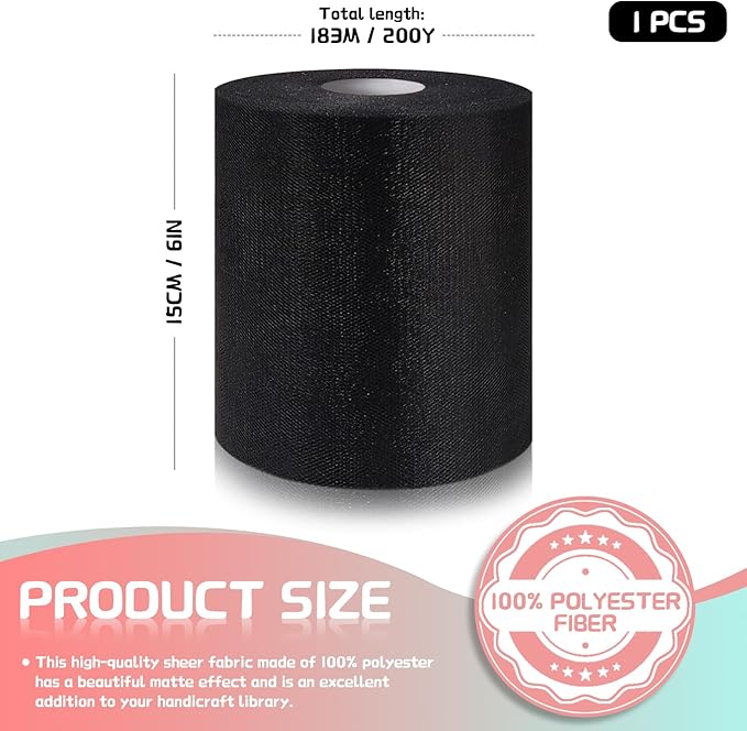6" x 200 Yards Black Tulle Fabric Rolls, Black Spool Tulle Ribbon for DIY Tutu Skirt Black Wedding Decoration Baby Shower Birthday Party Backdrop Gift Wrapping Bow Craft Supplies