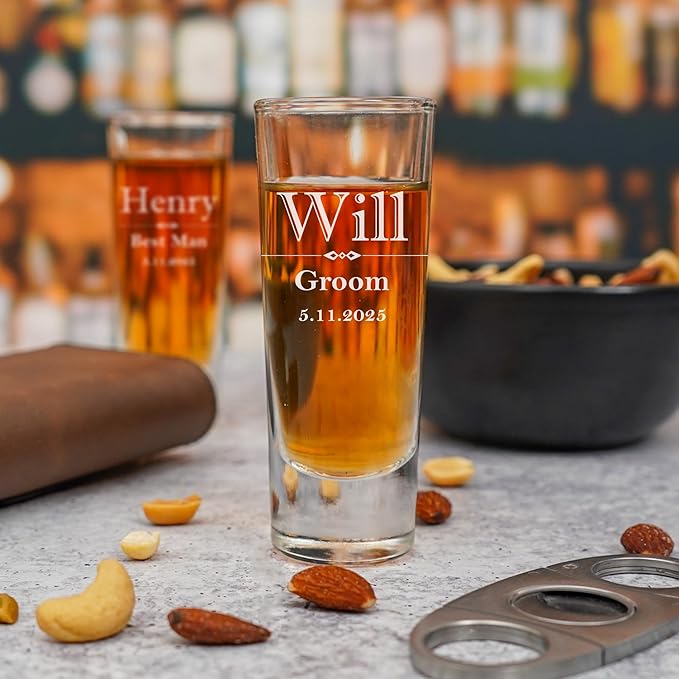 Custom Engraved Shot Glass – 2oz Tall Clear Glass – Personalized Gift for Wedding Party – Classic Etched Barware Keepsake for Groomsmen, Bridesmaids, and More (2)