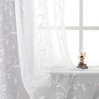 VISIONTEX White Leaves Sheer Voile Curtains, Decorative Embroidery Rod Pocket Window Drapes for Home Living Room and Bedroom 54 x 95 Inch, Set of 2 Curtain Panels