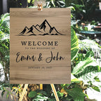 Andaz Press Large Wooden Welcome Sign for Wedding, Rustic Welcome Sign 16" x 20" Custom Names Minimal Mountains Wedding Signage English Oak MDF Wood Finish Wedding Reception Indoor Outdoor Signs