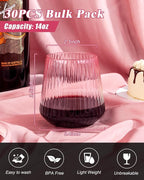 30 Pack Pink Plastic Ribbed Wine Glasses, 14 OZ Origami Stemless Disposable Wine Champagne Whiskey Glasses Unbreakable Clear Plastic Cocktail Glasses, Reusable Wine Cups for Party Wedding & Christmas