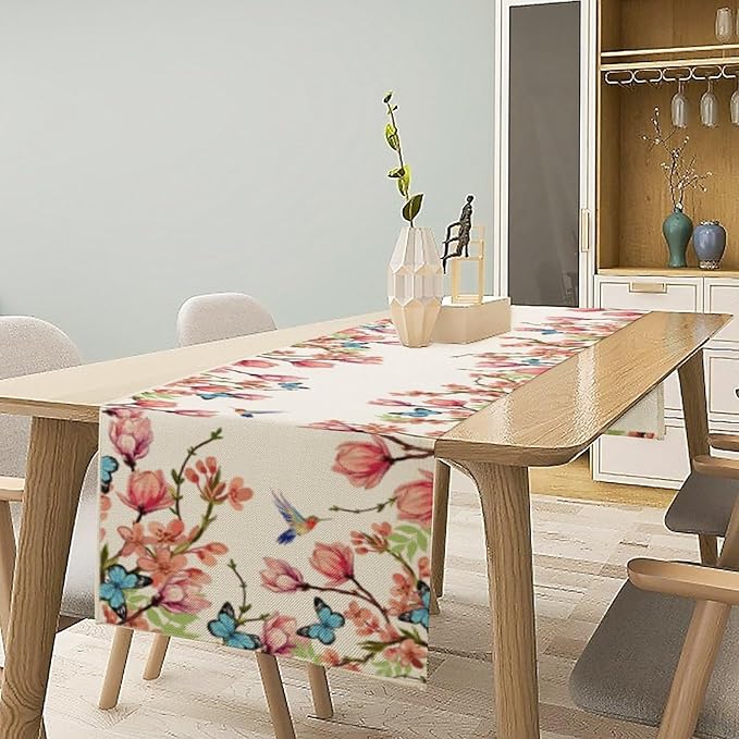 Spring Floral Bird Table Runner, Watercolor Pink Flower Plants Nature Butterfly Table Runner for Kitchen Dinner Living Room Home Party, 13x36 Inch