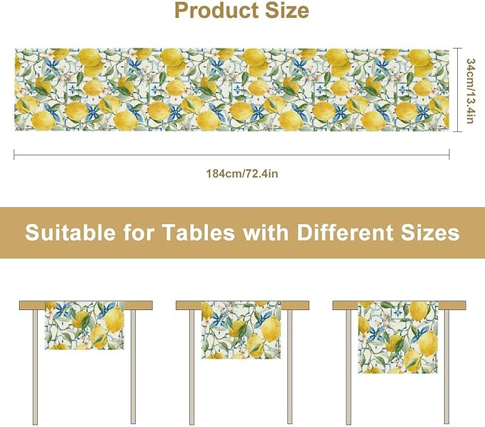 Lemon Table Runner,Watercolor Fruit Green Leaves Spring Summer Table Cloth Kitchen Dining Table Home Party Decoration 13x120 Inch