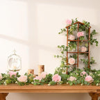 Dolicer 2Pcs 13Ft Artificial Eucalyptus Garlands with Flowers - 8 Roses, Faux Floral Greenery Garlands Fake Flowers Vines for Wedding Table Centerpieces Arch Party Ceremony Backdrop Decor (Pink)