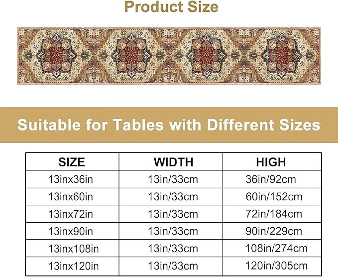 Boho Bohemia Style Table Runner, Vintage Yellow Brown Retro Flower Rustic Country Style Floral Print Pattern for Home Kitchen Table Decor Dining Coffee Room Garden Party Decor 13x36in