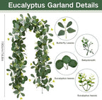 ASTRYAS 2 Pack 6.23Ft Artificial Eucalyptus Garland with Flowers, Fake Rose Garland Greenery Garlands Floral Vines for Wedding Spring Home Party Craft Art Table Runner Decor(White)