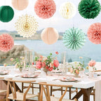 Sage-Green Pink-Beige Boho Party-Decorations Streamers - 14pcs Rustic Neutral Wedding Olive Paper Honeycomb Lanterns Fan,Birthday Baby Bridal Shower Engagement Decor Lasting Surprise