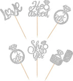 30 PCS He Asked She Said Yes Cupcake Toppers Diamond Ring Cupcake Picks Love I Do Bridal Shower Cupcake Decorations for Wedding Enaggement Theme Party Cake Decorations Supplies Silver