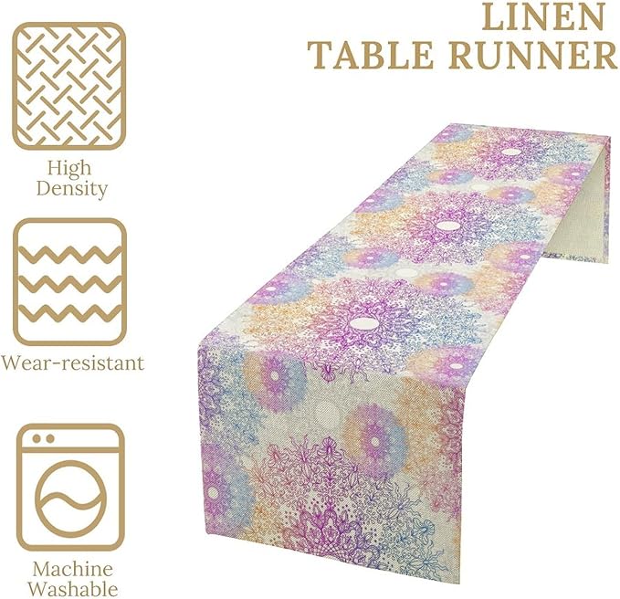 Oriental Mandala Table Runner, Traditional Bohemian Gradiently Purple Pink Blue Mandala Flower Table Runner for Farmhouse Cottage Kitchen Dining Table Decor, 13x60inch