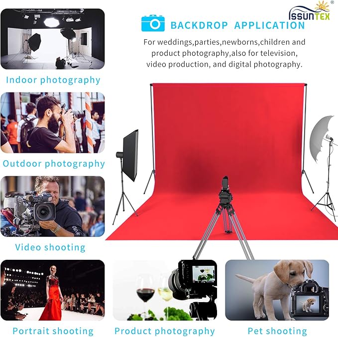 ISSUNTEX 10X24 ft Background Muslin Backdrop, Photo Studio, Collapsible High Density Screen for Video Photography and Television-Red