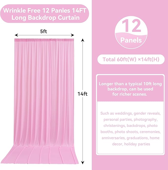 60ftx14FT Wrinkle Free Pink Backdrop Curtain, 12 Panels 14FT Height Pink Wedding Backdrop Drapes, Silky Polyester Back Drop Cloth for Birthday Photography Background Party Backdrop Draping