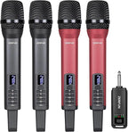 Rechargeable Wireless Microphones 4, Pro Handheld Cordless Mics System Dynamic with Echo Treble BASS VOL Control for Karaoke Singing Church Party, 1/4'' Output, D240, Grey&Red
