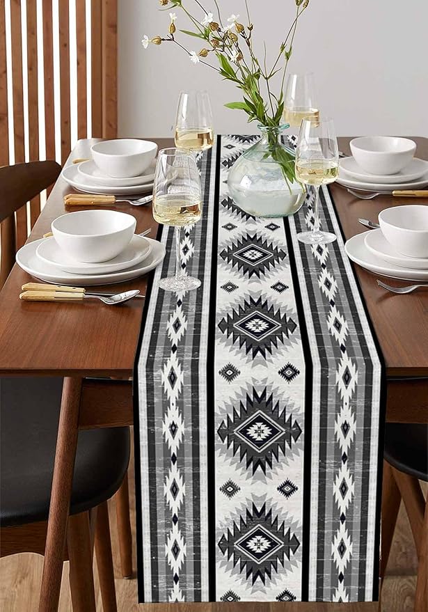 Aztec Southwest Cotton Linen Table Runner for Dining Kitchen, Wedding Outdoor Party Tablerunners Decoration, Boho Ethnic Tribes Vintage Grey Dresser Scarf Coffee Tablecloth Runners 13x72 Inches