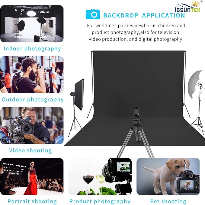 ISSUNTEX 10X12 ft Background Muslin Backdrop, Photo Studio, Collapsible High Density Screen for Video Photography and Television-Black