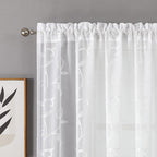 VISIONTEX White Leaves Sheer Voile Curtains, Decorative Embroidery Rod Pocket Window Drapes for Home Living Room and Bedroom 54 x 95 Inch, Set of 2 Curtain Panels