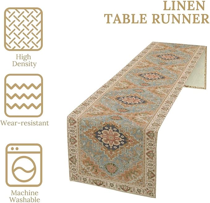 Vintage Boho Floral Table Runner, Rustic Country Farmhouse Grey Blue Orange Bohemia Flower Pattern for Home Kitchen Table Decor Dining Coffee Room Party Decor 13x108in