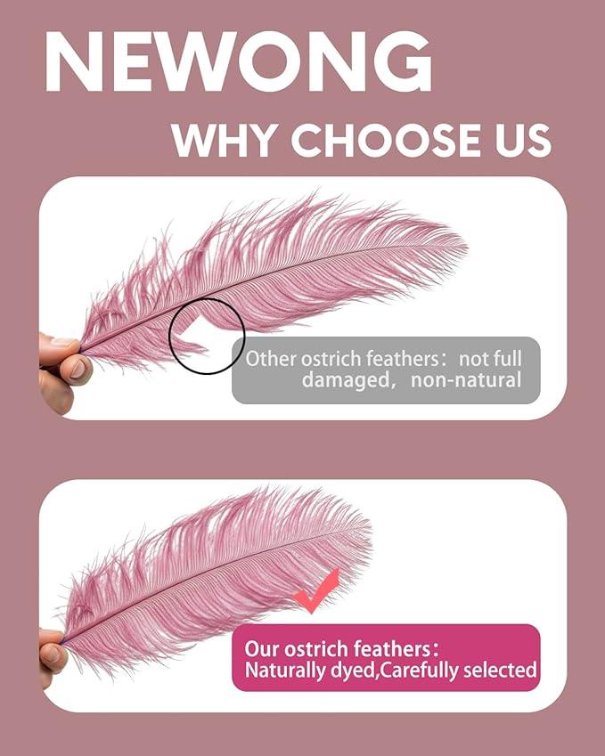 NEWONG 30pcs Peony Pink Ostrich Feathers Natural Bulk 9-12inch(23-30cm) Vase Craft Wedding Home Party Centerpieces Christmas Day Decoration