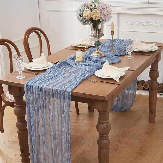 Dusty Blue 1 Pack Cheesecloth Table Runner 120 Inch 10 FT Boho Rustic Gauze for Wedding Baby Shower Party Farmhouse Summer Home Decor Washable