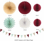 Sage-Olive Green Burgundy-Champagne Boho Party-Decorations - 20pcs Birthday Paper Lanterns Fans,Tissue Pom Poms,Honeycomb Balls,Bunting,Christmas Bridal Baby Shower Wedding Engagement Decor Burgleda