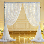 10x10ft White Sheer Backdrop Curtain with Lights String for Wedding, Fairy Light Up Curtain Backdrops for Baby Shower, Chiffon Photo Backdrop Drapes for Birthday Party Photo Shoot (5 x 10ft,2 Panels)