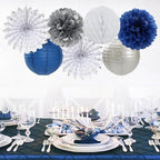Navy-Blue White Silver Party-Decorations - 20pcs Graduation Paper Lanterns Fans,Tissue Pom Poms,Honeycomb Balls,Bunting,Birthday Bridal Bachelorette Christmas Baby Shower Wedding Decor Burgleda