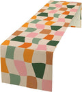 Hippie Table Runner, Vintage Geometric Square Orange Green Pink Grid 60s 70s Style Kitchen Dining Room Decor for Indoor Outdoor Wedding Party Table Runner 13x36 Inch