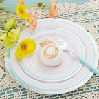 COLOSUS 125pcs Disposable Silver Blue Plastic Plates and Silverware .Light baby blue dinnerware party set include 25 Dinner Plate 25 Dessert Plate 75 silverware for Easter day Party Dinner