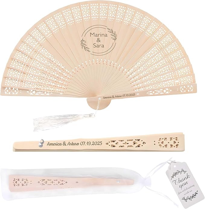 50 PCS Custom Fans Personalized Folding Fans for Line Dancing Wooden Hand Fan Wedding Favors Bulk Fans for Guests Party Event Use (Style09)