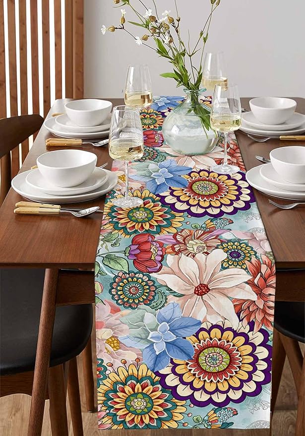 Boho Flowers Cotton Linen Table Runner for Dining Kitchen, Wedding Outdoor Party Tablerunners Decoration, Colorful Floral Farm Vintage Botanical Dresser Scarf Coffee Tablecloth Runners 13x72 Inches