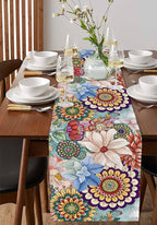 Boho Flowers Cotton Linen Table Runner for Dining Kitchen, Wedding Outdoor Party Tablerunners Decoration, Colorful Floral Farm Vintage Botanical Dresser Scarf Coffee Tablecloth Runners 13x108 Inches