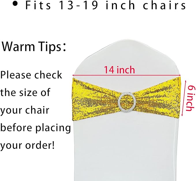 25 Pcs Sequin Chair Sashes Stretch Chair Bands Spandex Polyester Bows for Party Hotel Wedding Banquets Decoration -Gold