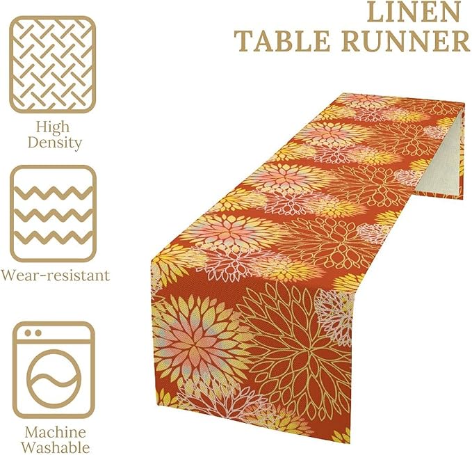 Yellow Floral Table Runner, Chrysanthemum Autumn Spring Summer Vintage Modern Linen Geometric Table Runner for Kitchen Living Room Bedroom Party Holiday, 13x108 Inch