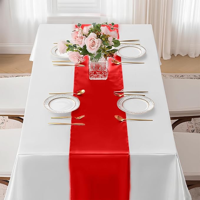 SHEJIZE 20 Pack Red Satin Table Runner 12x108 Inches Long, Bright Silky Smooth Satin Table Runner Table Decor for Wedding Banquet Christmas Prom Event Birthday Party