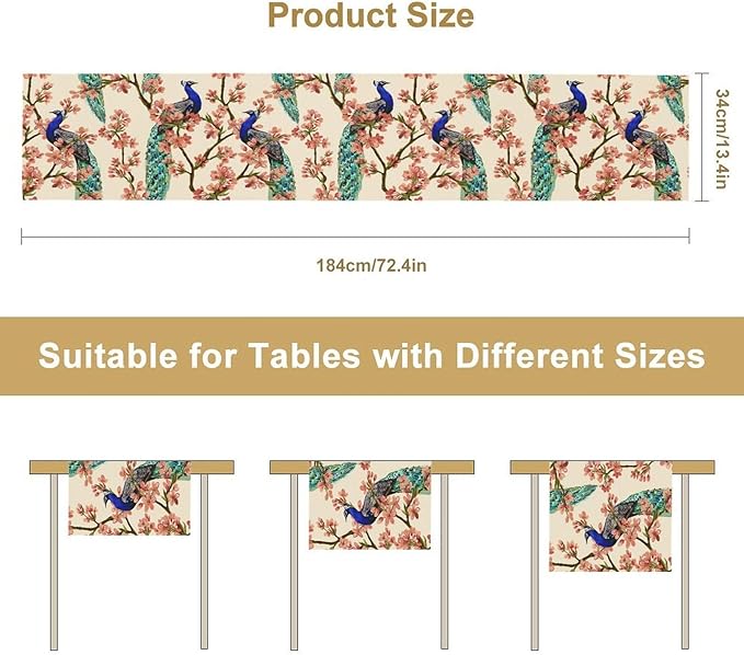 Peacock Table Runner,Spring Floral Peacock Birds Table Runner for Home Kitchen Dining Party Indoor Outdoor Decoration 13x120 Inch