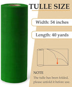 Green Tulle Fabric Roll, 54" x 40 Yards (120FT) Tulle for Christmas Gift Wrapping Wedding Decoration DIY Tutu Halloween Party Backdrop Baby Shower Table Skirts