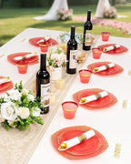 Goodluck 350 Piece Red Dinnerware Set for 50 Guests, Fancy Disposable Plates, Include: 100 Red Rim Plastic Plates, 150 Silverwares, 50 Pre Rolled Napkins, 50 Cups for Party, Wedding