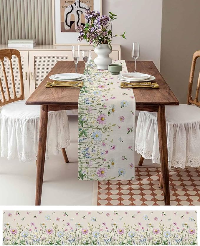 Vintage Wildflowers Cotton Linen Table Runner for Dining Kitchen, Wedding Outdoor Party Tablerunners Decoration, Farm Floral Pink Botanical Plants Dresser Scarf Coffee Tablecloth Runners 13x90 Inches