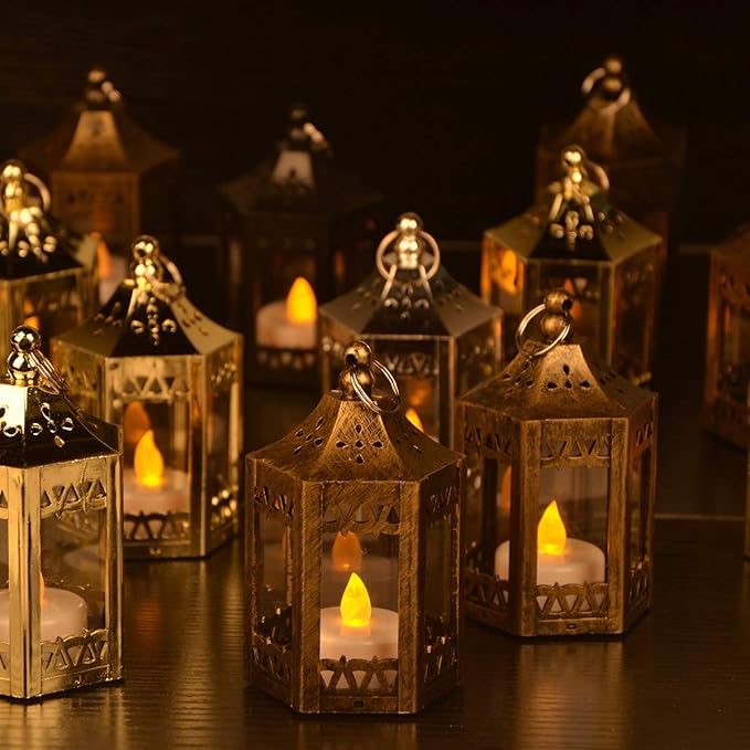 zkee Mini Star Lantern with Flickering LED,Battery Included,Christmas Decorative Indoor Candle Lantern（Set of 8,Black）