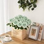 Artificial Rose 10pcs Open Flower Bouquet Sage Green Faux Rose Stems for Wedding Arrangement, Bridal Bouquet, Centerpiece, Fake Faux Silk Flowers
