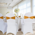 Howhic Pack of 30 Spandex Chair Sashes Bows Stretch Chair Cover Band with Buckle Slider Universal Elastic Chair Ties for Wedding Banquet Party Event Decoration (Gold)