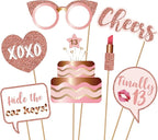 13th Birthday Party Photo Booth Props and Signs, Rose Gold 13 Birthday Party Selfie Props Kit with Sticks for Girls, Thirteen 13th Happy Birthday Party Decorations Supplies Favors
