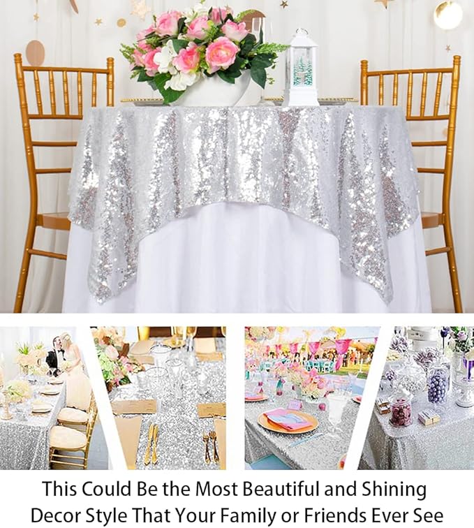 ShinyBeauty Sequin Tablecloth 36x36-Inch-Silver Square Glitter Table Cover Silver Table Cloths for Parties-190626J