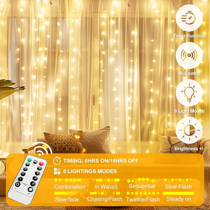 Fairy Curtain Lights Upgraded Tangle-Free Warm White USB Plug in 8 Modes String Hanging Lights with Remote for Christmas, Bedroom, Indoor, Outdoor, Weddings, Party (10 FT x 6.6 FT)