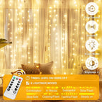 Fairy Curtain Lights Upgraded Tangle-Free Warm White USB Plug in 8 Modes String Hanging Lights with Remote for Christmas, Bedroom, Indoor, Outdoor, Weddings, Party (10 FT x 6.6 FT)